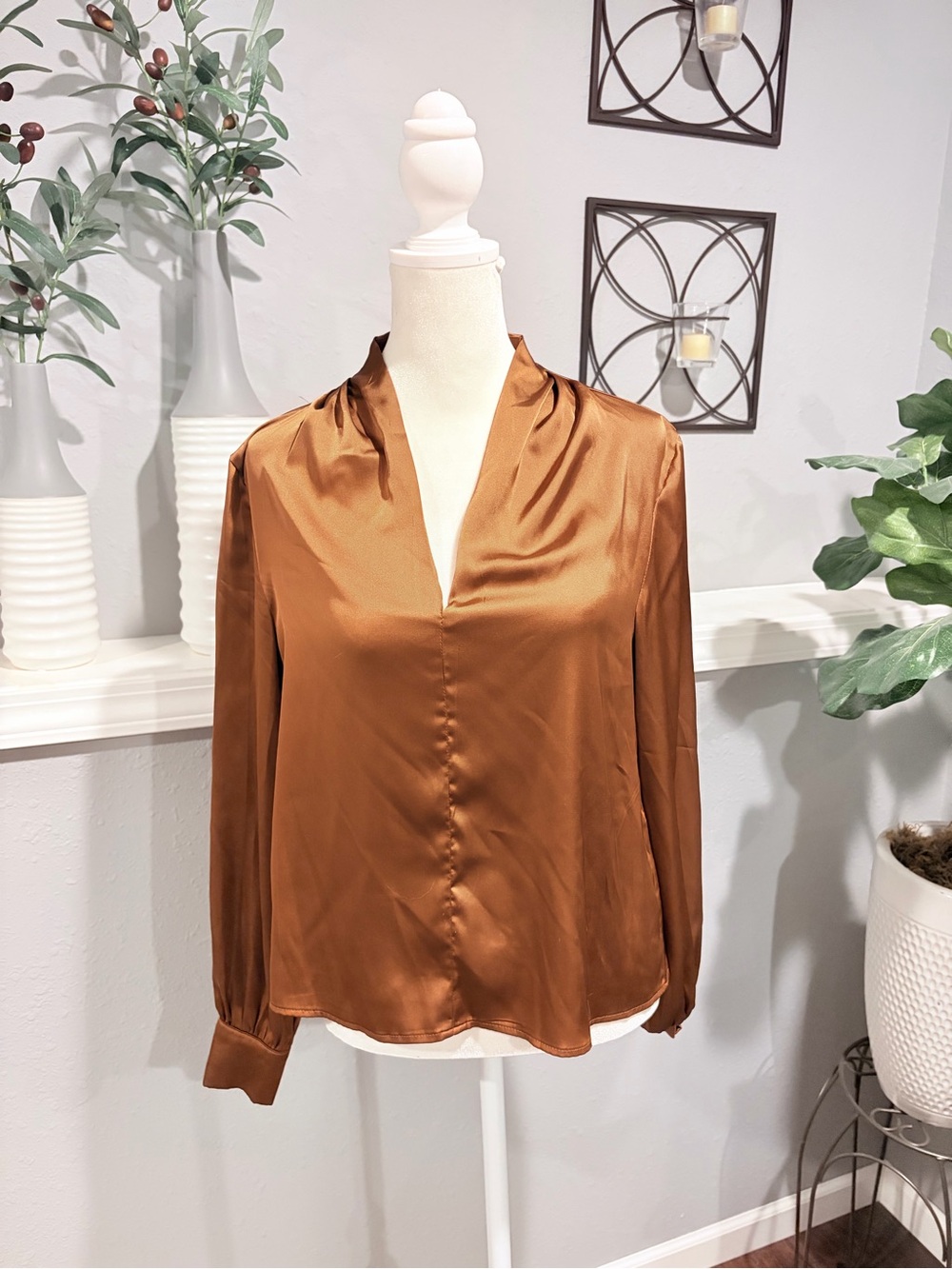 SHEIN Copper Satin V-Neck Long Sleeve Blouse